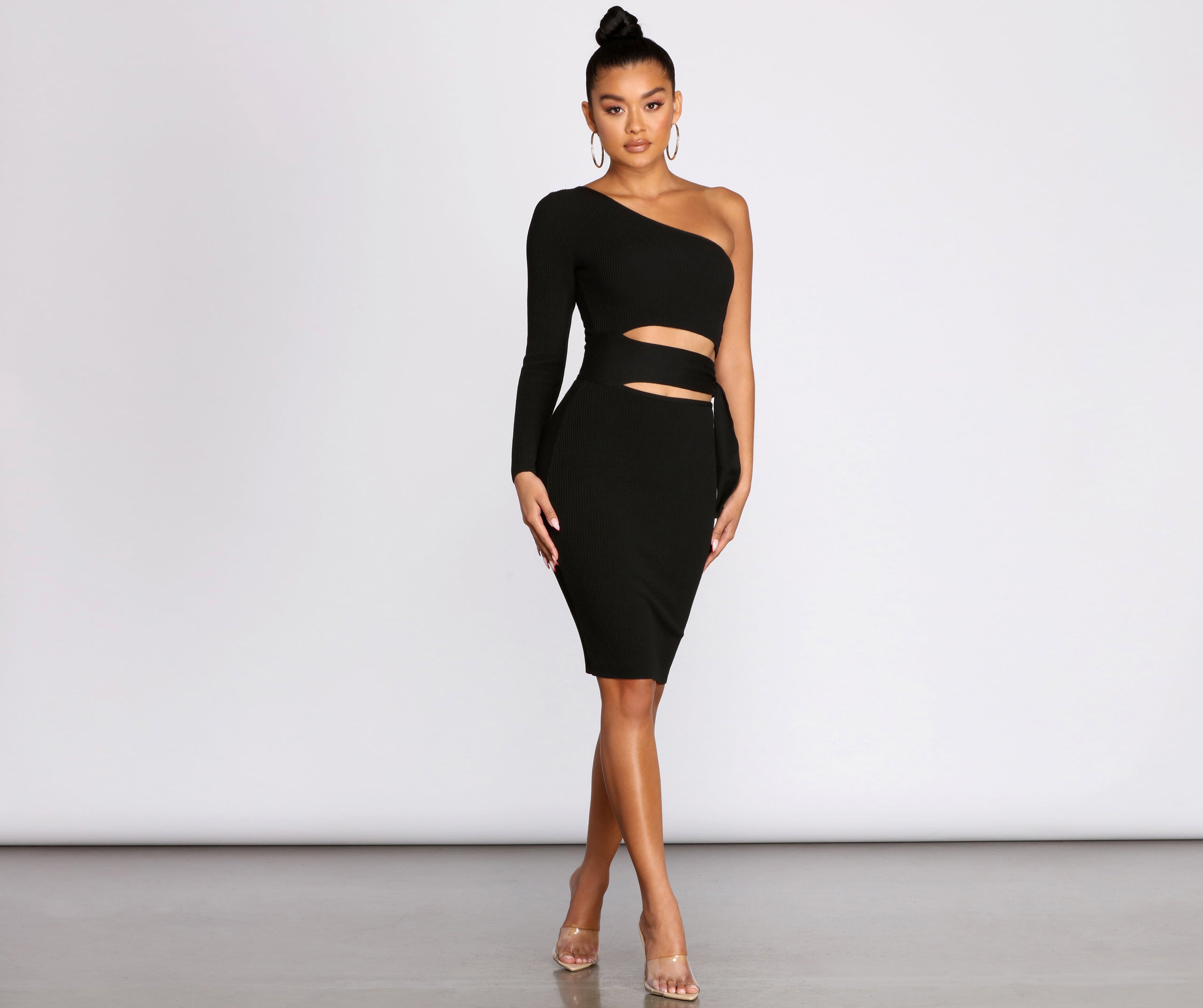 One Of A Kind One Shoulder Knit Midi Dress