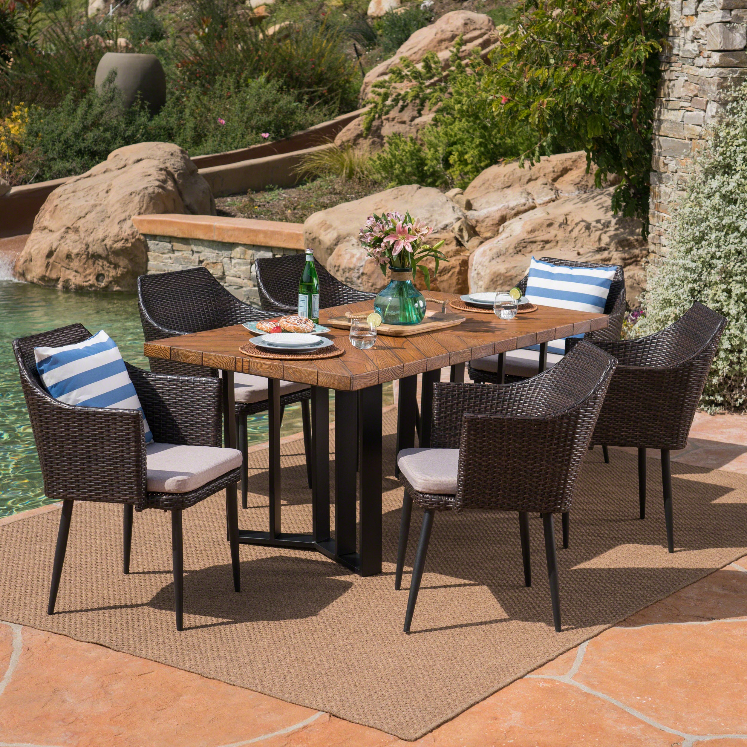 Tammy Outdoor 7 Piece Wicker Dining Set with Concrete Dining Table