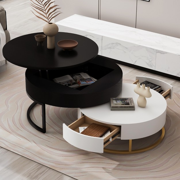 Modern Round Nesting Coffee Table Lift top Cocktail Table With 2 Drawers modernluxe