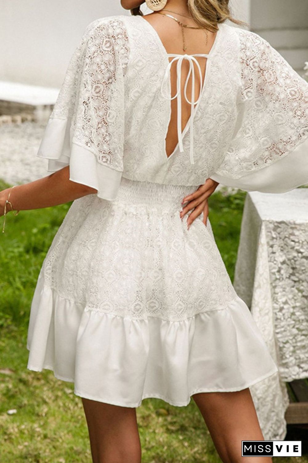 White Lace Bat Sleeves V Neck Mini Dress