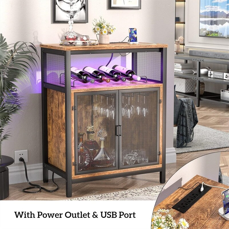 Wine Bar Cabinet with RGB Light and Outlet   23.6\