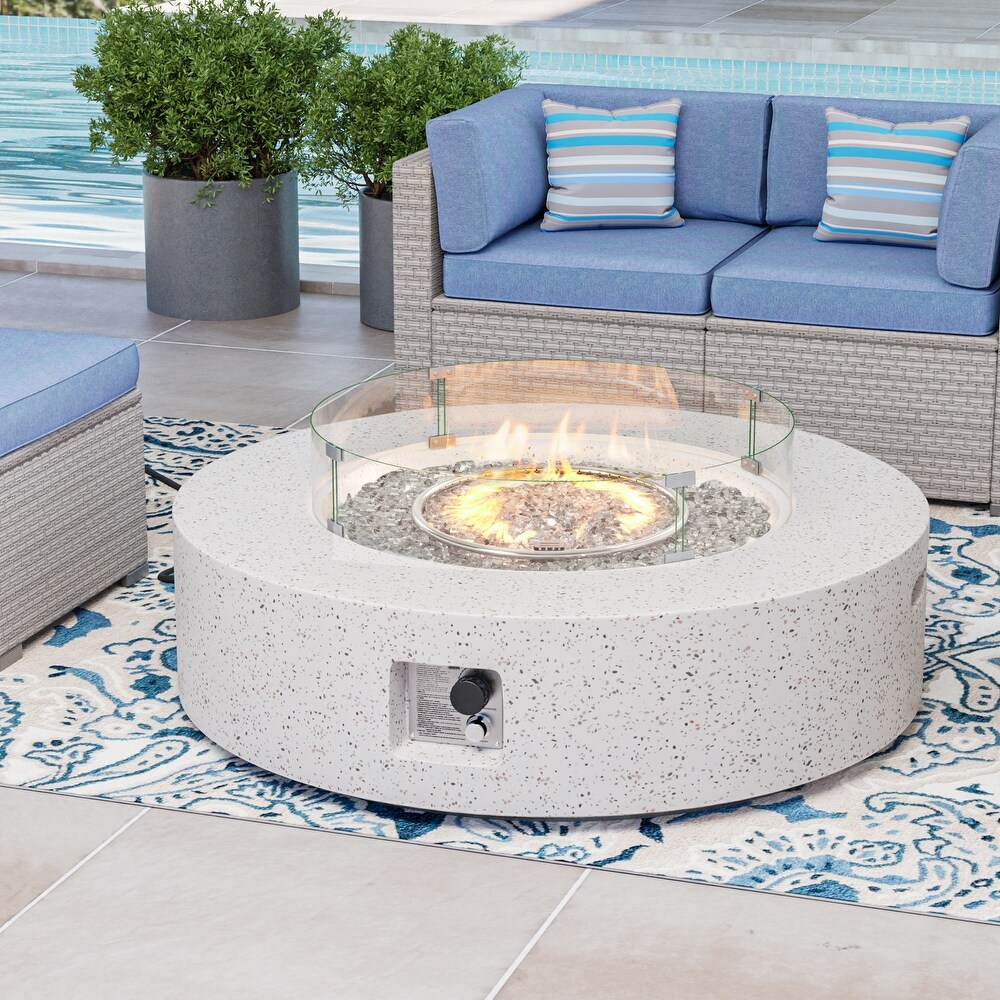 COSIEST Outdoor Round Propane Fire Pit w Wind Guard and Fire Glass