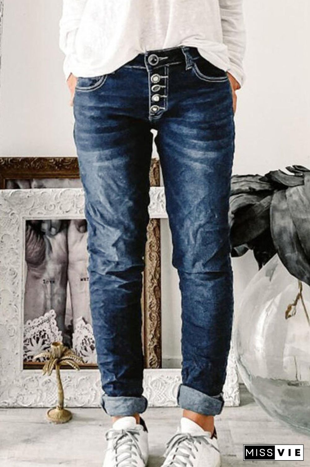 Button Fly Mid Waist Jeans