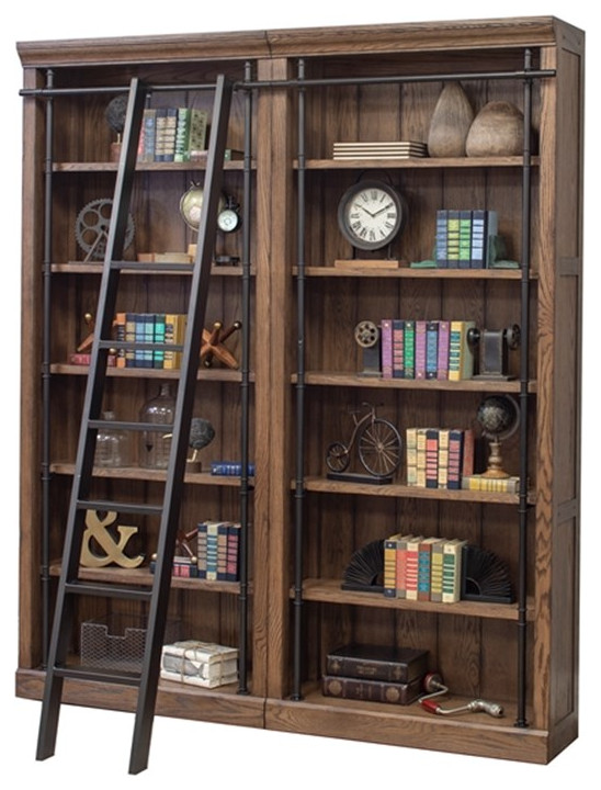 Bowery Hill 2 pc 5 Adjustable Shelf Tall Modern Wood Bookcase in Oak   Industrial   Bookcases   by Homesquare  Houzz