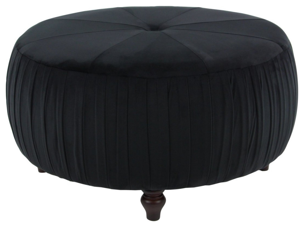 Round Ottoman  Velvet Upholstered Seat With Single Tuft Accent  Ebony Black   Traditional   Footstools And Ottomans   by Decor Love  Houzz