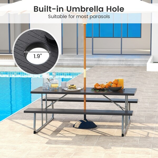 Folding Picnic Table Set with Metal Frame and AllWeather HDPE Tabletop，Umbrella Hole