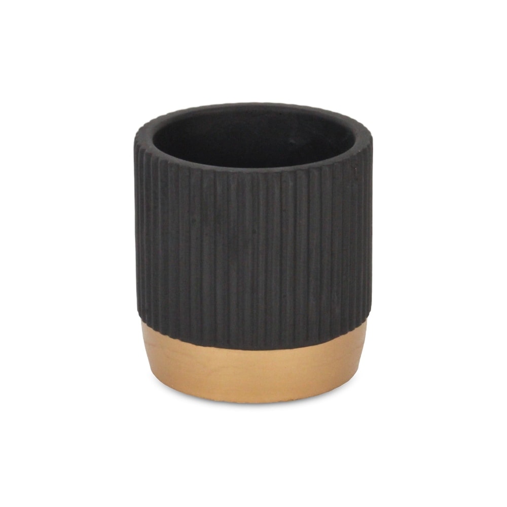 Aurone Round Ridged Ceramic Pot with Gold Finished Base   Black