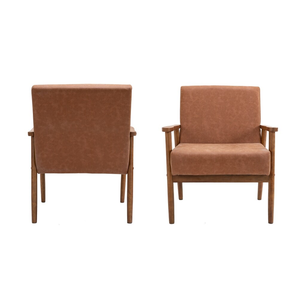 Mid century Modern Solid Wood Vegan Brown Leather Upholstered Armchairs SET OF 2