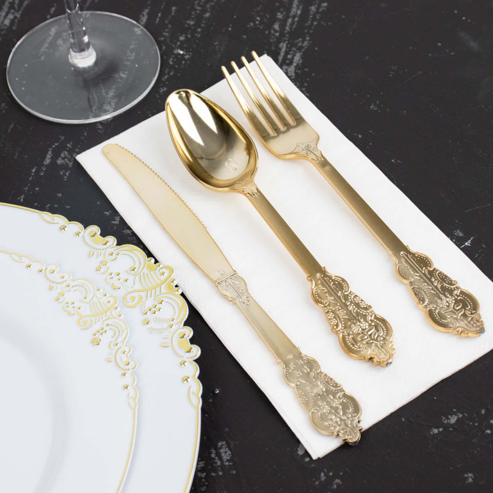 24 Pack Metallic Gold Baroque Style Heavy Duty Plastic Silverware Set