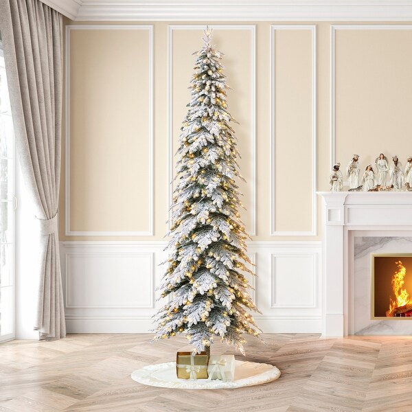 Glitzhome PreLit Flocked Pencil Spruce Artificial Christmas Tree with Warm White Lights