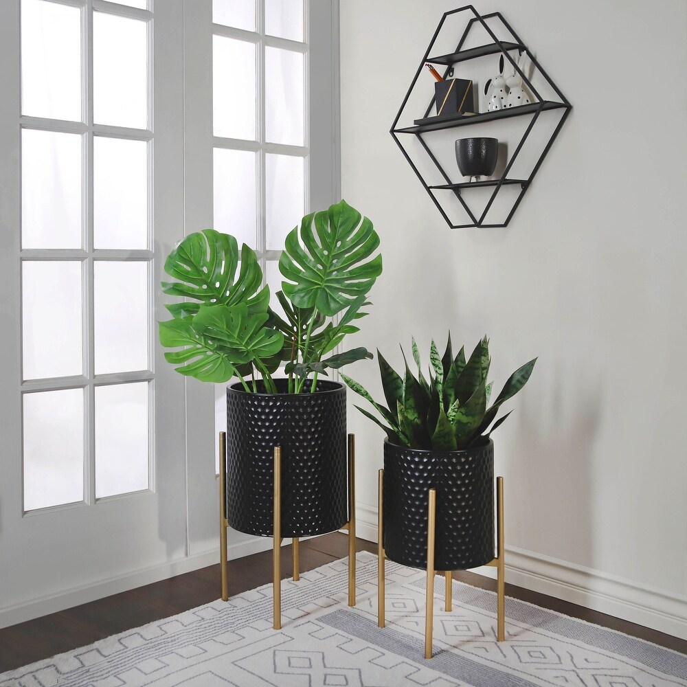 Set of 2 Honeycomb Planter Pots on Metal Stands  Indoor Outdoor  Black and Gold  14 L x 14 W x 23 H   14\