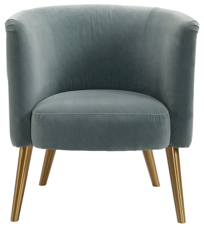 Bowery Hill 19  x27 x27Fabric/Wood Barrel Accent Chair in Slate Blue/Brushed Brass   Midcentury   Armchairs And Accent Chairs   by Homesquare  Houzz