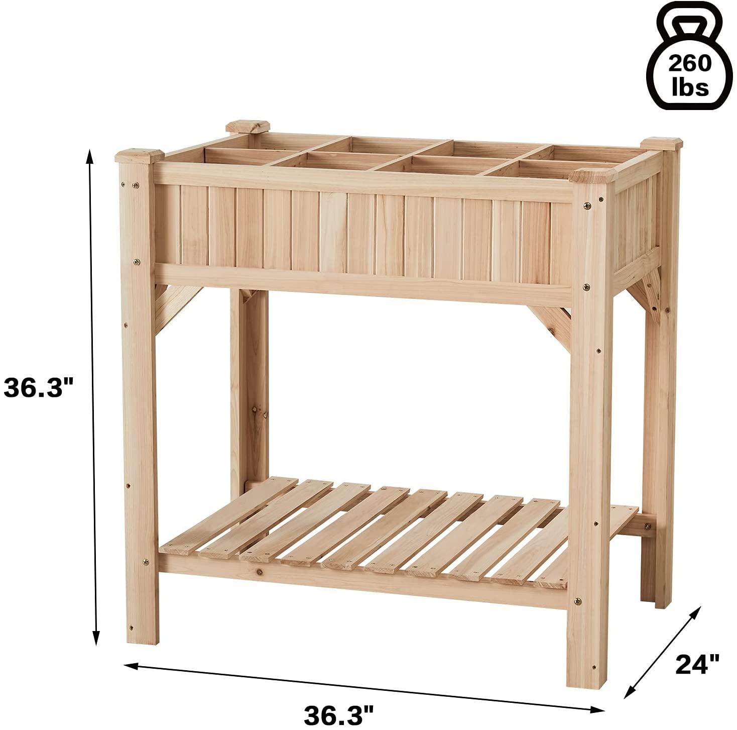 Pedy Raised Garden Bed Outdoor Patio Wooden Elevated Planter with Storage Shelves 36.3x36.3x24 Inch