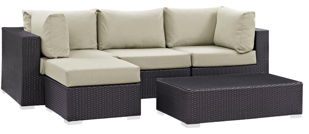 Espresso Beige Convene 5 Piece Outdoor Patio Sectional Set   Tropical   Outdoor Lounge Sets   by Morning Design Group  Inc  Houzz