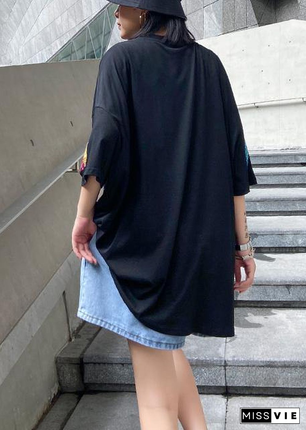 Women black Letter cotton tunic top o neck oversized blouse