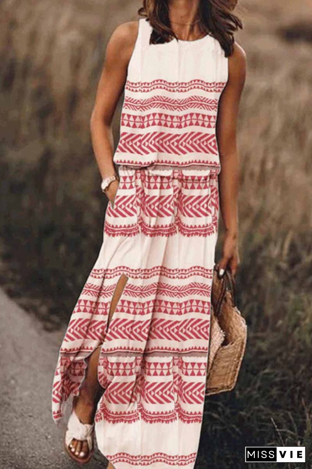 Printed Striped Maxi Dress With Pocket