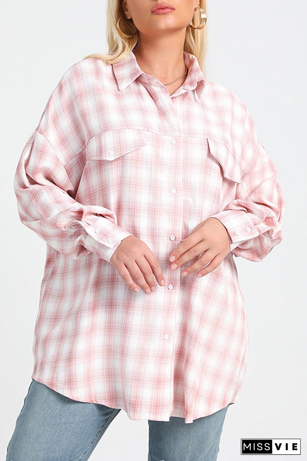 Plus Size Pink Plaid Shacket Loose Blouse Shirts Wholesale