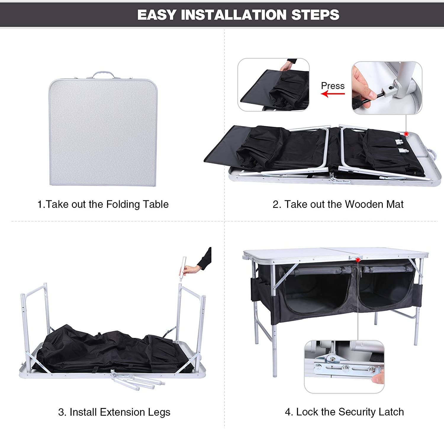 REDCAMP 4 Foot Folding Table Adjustable Height with Mesh Storage Organizer， Lightweight Portable Camping Table for Picnic Cooking Outdoor Indoor， White 24 x 48 inches