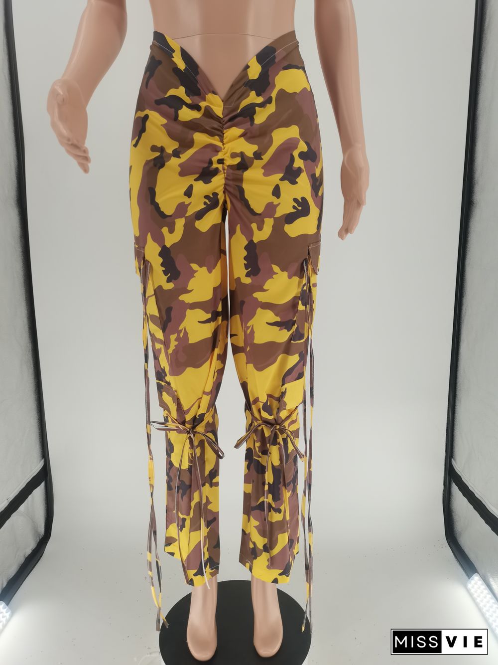 Y2K Streetwear Camo Print Bandage Straight Pants