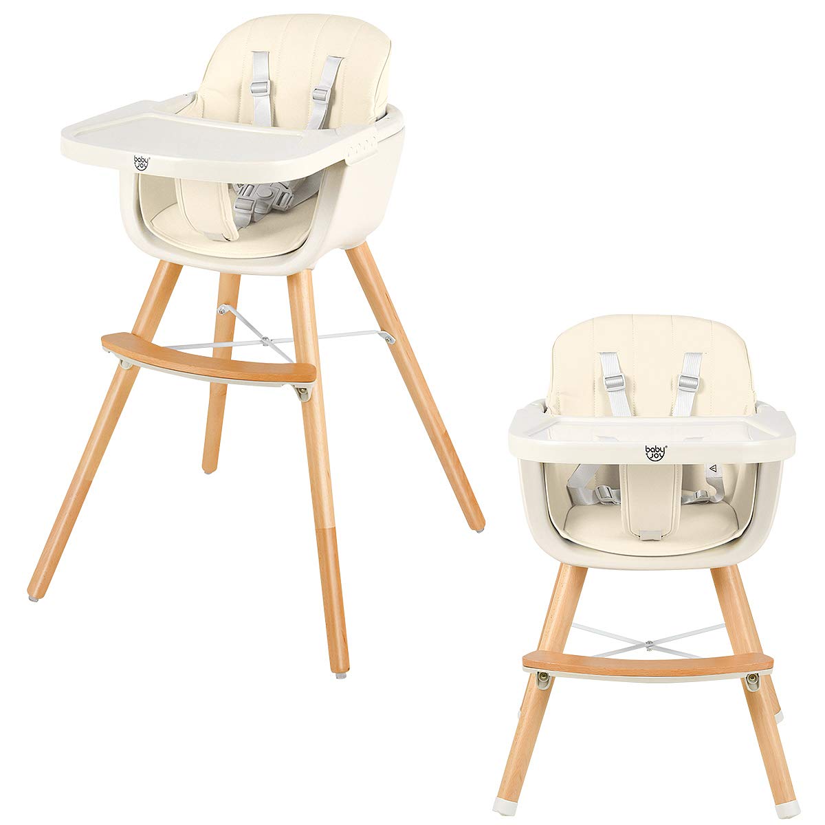 BABY JOY Convertible Baby High Chair, 3 in 1 Wooden Highchair/Booster/Chair with Removable Tray (Beige)