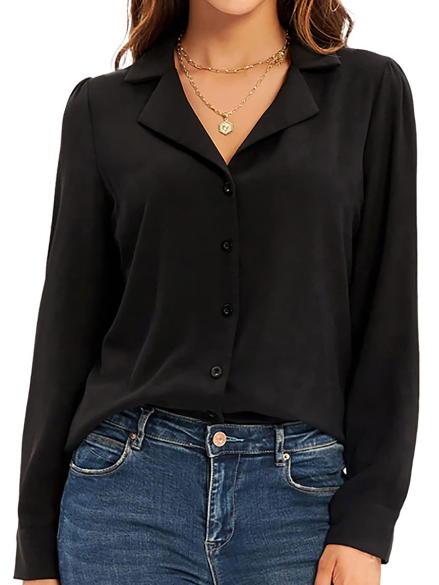 Casual Loose Solid Color Lapel Long Sleeve Blouse