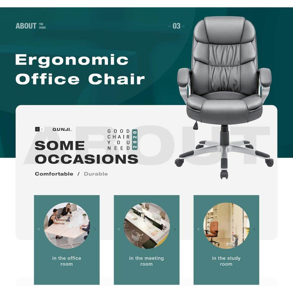 LACOO Gray Big and High Back Office Chair, PU Leather Executive Computer Chair with Lumbar Support T-OCBC8004