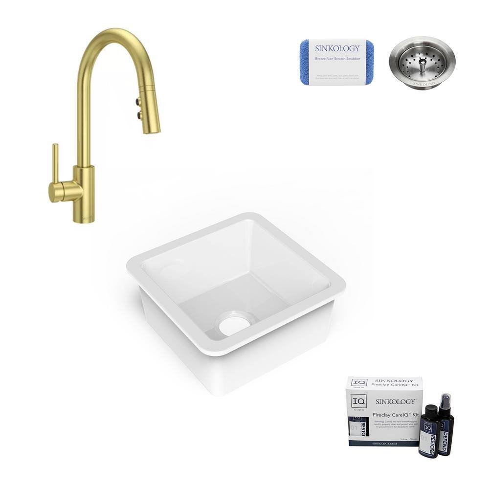 SINKOLOGY Amplify Undermount Fireclay 18.1 in. Single Bowl Bar Prep Sink with Pfister Stellen Faucet in Satin Gold SP400-18-ABG