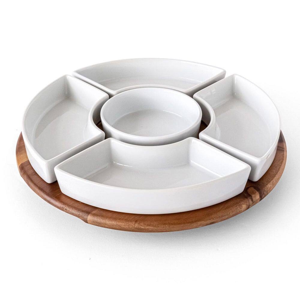 Over and Back 13.98 in. White Porcelain Round Serving Bowl Chip and Dip Lazy Susan (Number of pieces 6) 937103