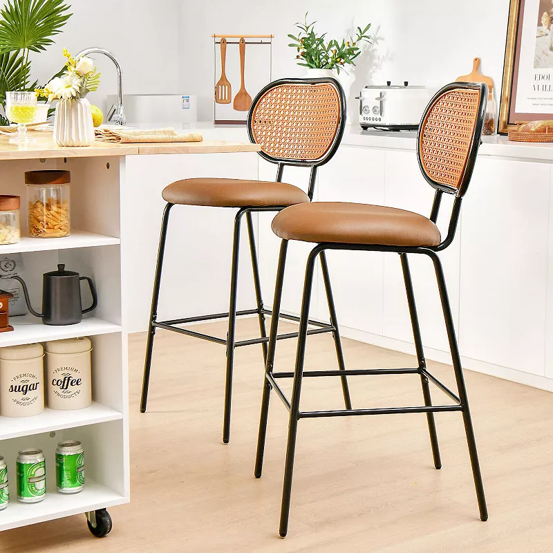 29.5 Inch Modern Faux Leather Bar Stools with Imitation Rattan Woven Backrest