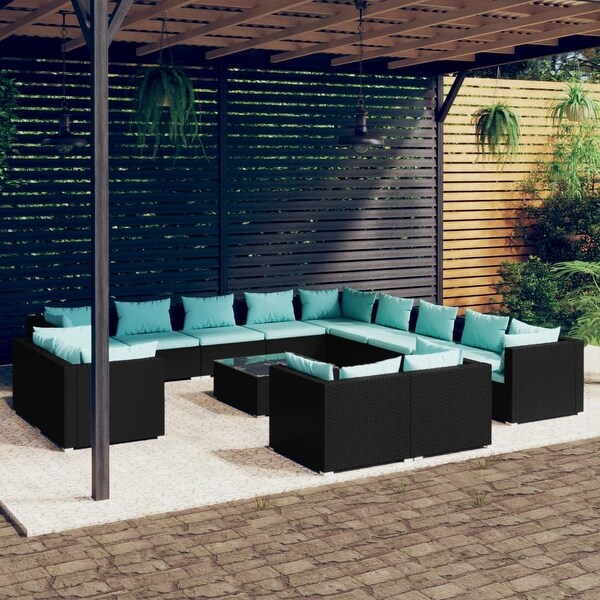 14 Piece Patio Lounge Set with Cushions Black Poly Rattan