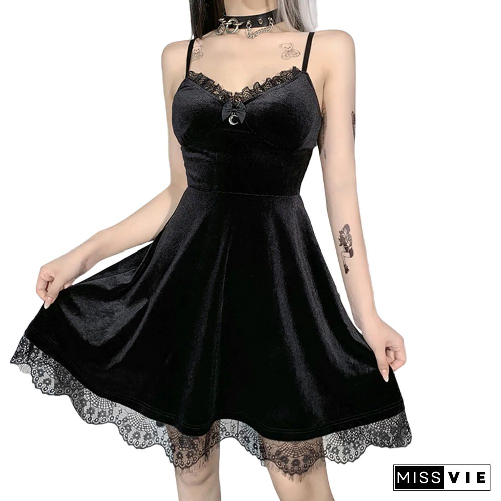 Y2k Goth Dark Academia Dress Women Solid Color V-neck Suspender A-line Lace Trim Party Dress Anime Aesthetic Clothes