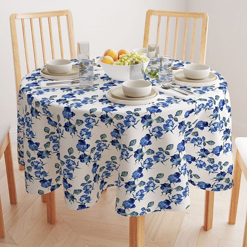 Round Tablecloth， 100% Polyester， 60 Round， Blue Watercolor Roses