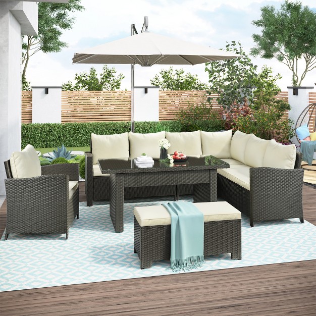 6 Pcs Patio Outdoor Rattan Sectional Sofa Set Conversation Seating Group With Cushions modernluxe