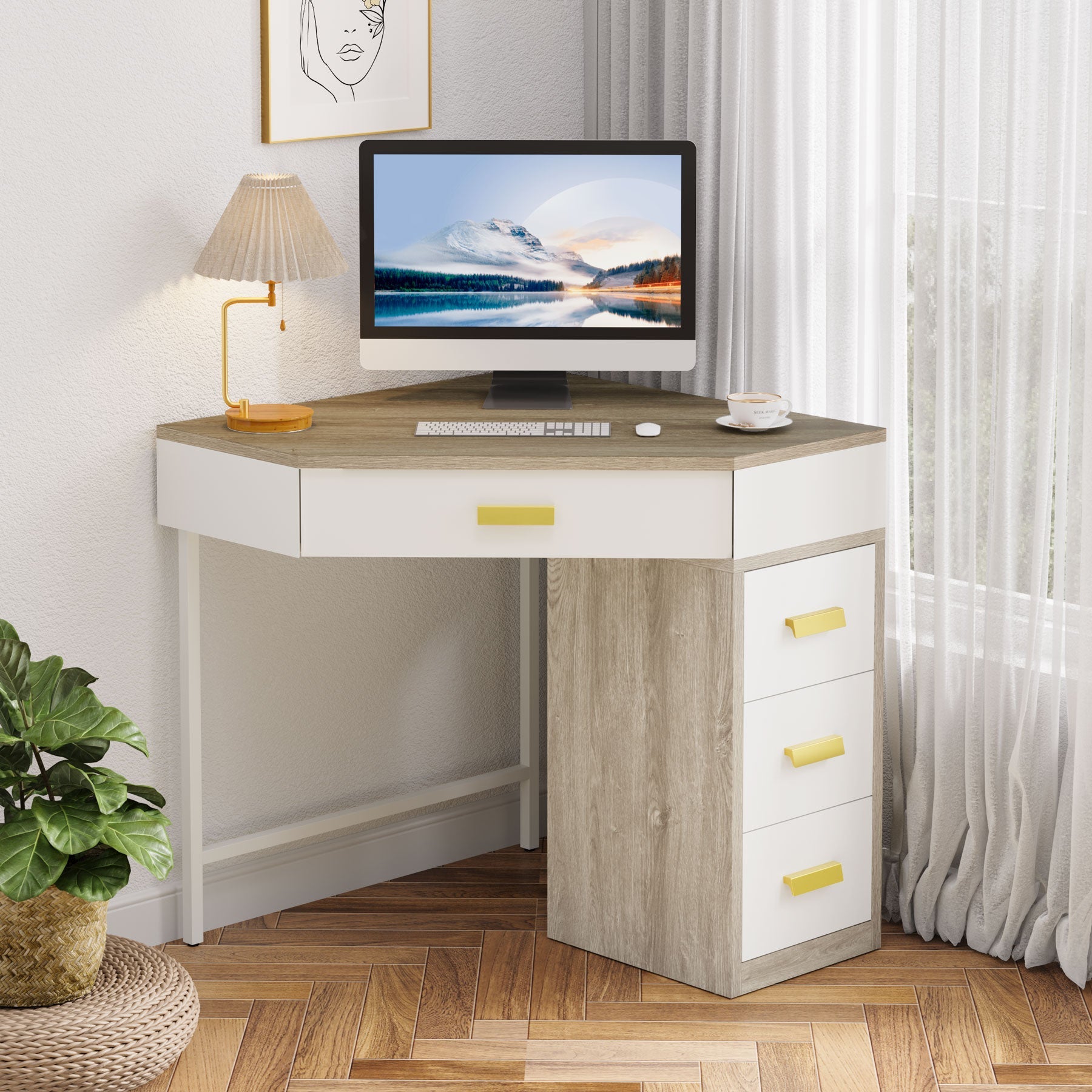 Corner Desk, Triangle Computer Desk Makeup Vanity Desk with 3 Drawers