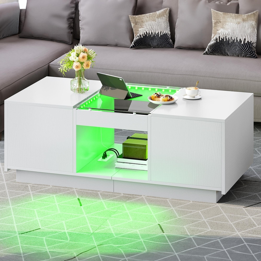 Modern Wood Coffee Table with Storage Drawers and LED Lighting