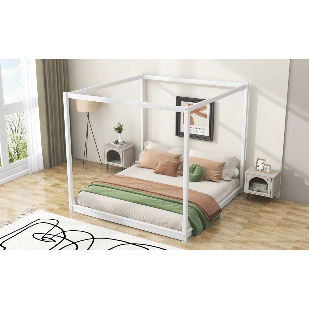 King Size Canopy Bed  Wooden Platform Bed  Modern Style Canopy Platform Bed  Luxury Large Bed Frame