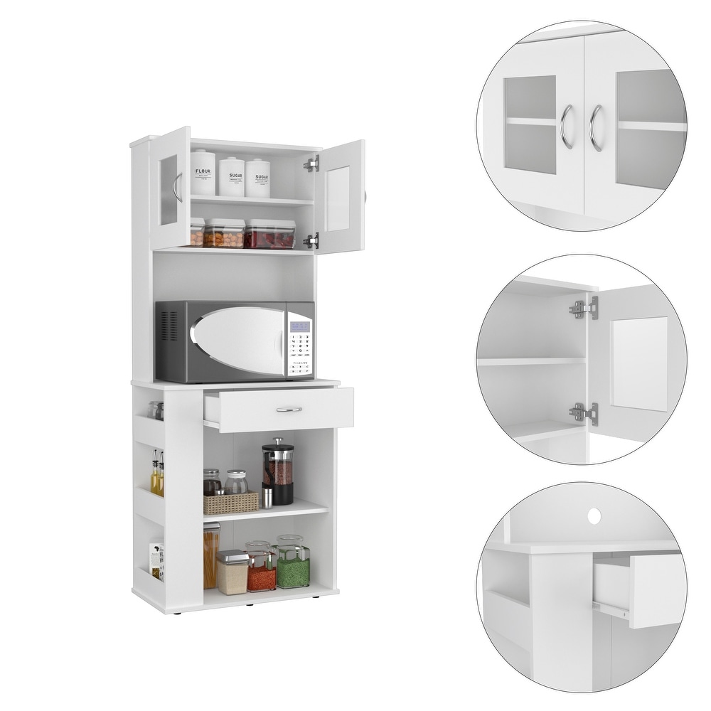 FM Furniture Poole Pantry Cabinet  Three Side Small Shelves  One Drawer  Double Door Cabinet  Four Adjustable Metal Leg