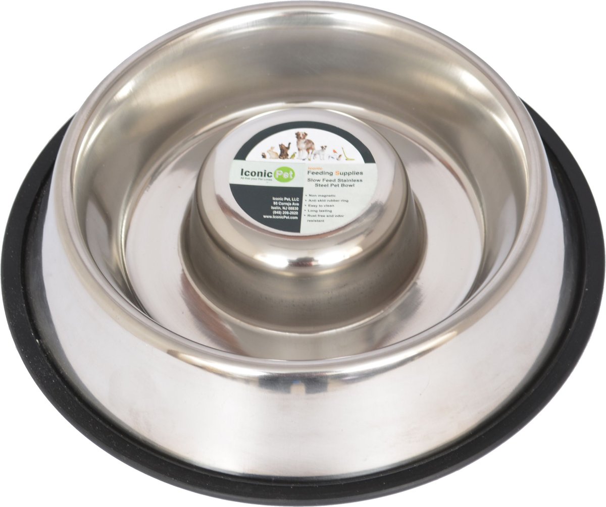 Iconic Pet Slow Feed Stainless Steel Dog and Cat Bowl， 2 count