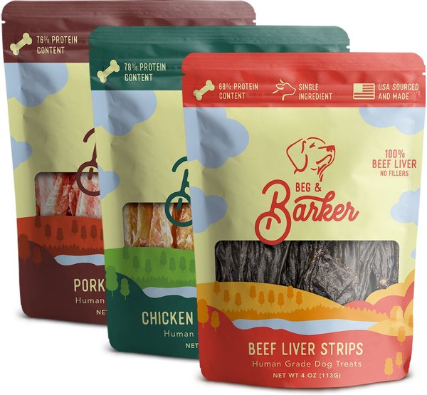 Beg and Barker Variety Chicken， Pork and Beef Liver Dog Jerky Treats