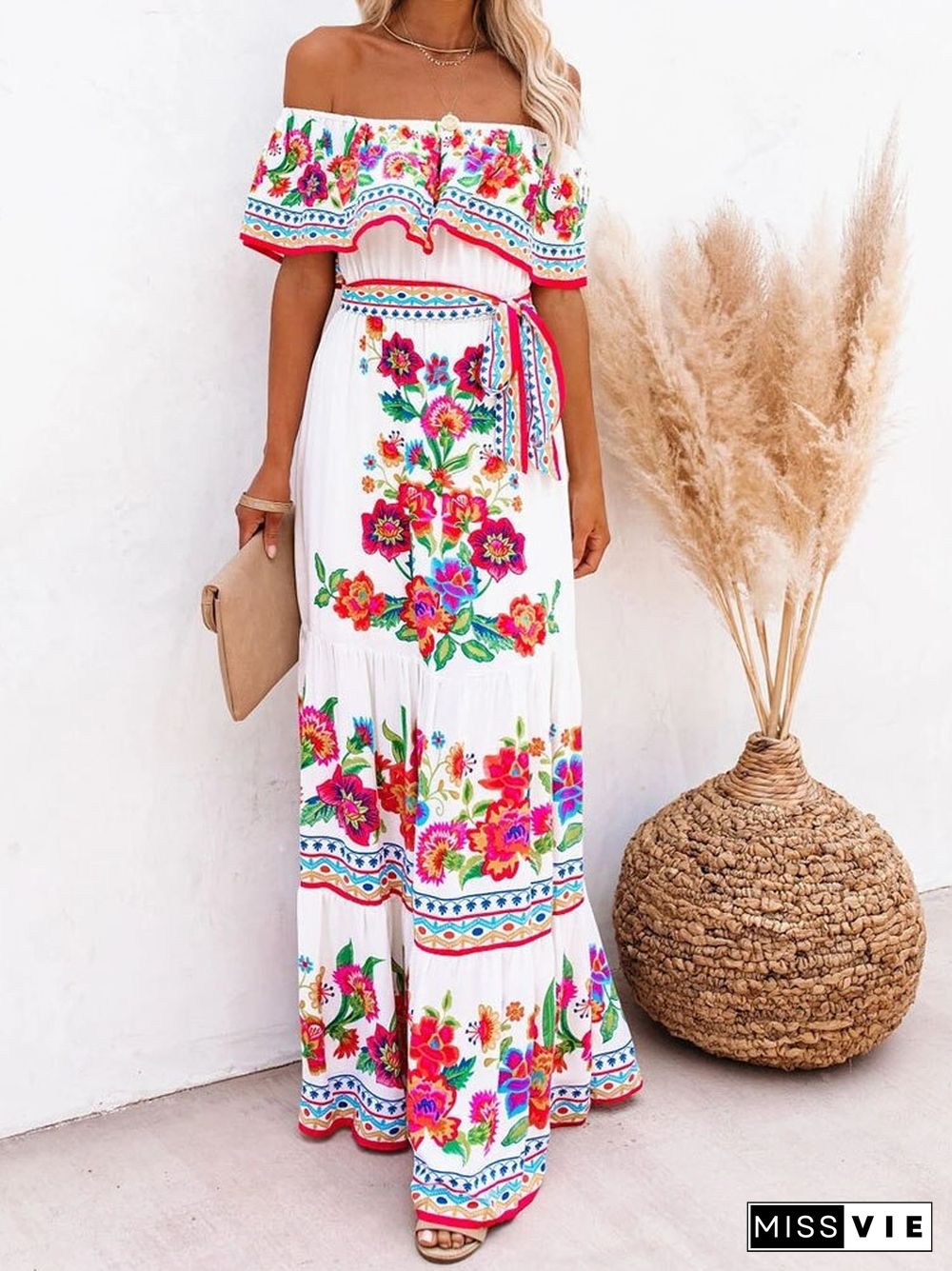 Elegant Flower Print Boho Party Dresses Women New Spring Sexy Off Shoulder Maxi Beach Dress Summer Lace-up Ruffle Hem Long Dress