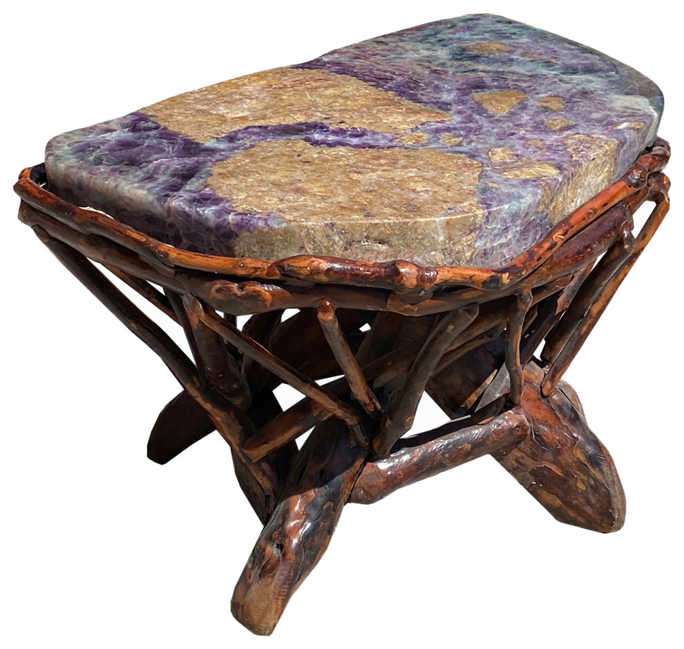 Crystal Jade Stone Top Bamboo Wood Stick Base Accent Stool Stand Table Hcs6164   Asian   Side Tables And End Tables   by Golden Lotus Antiques  Houzz