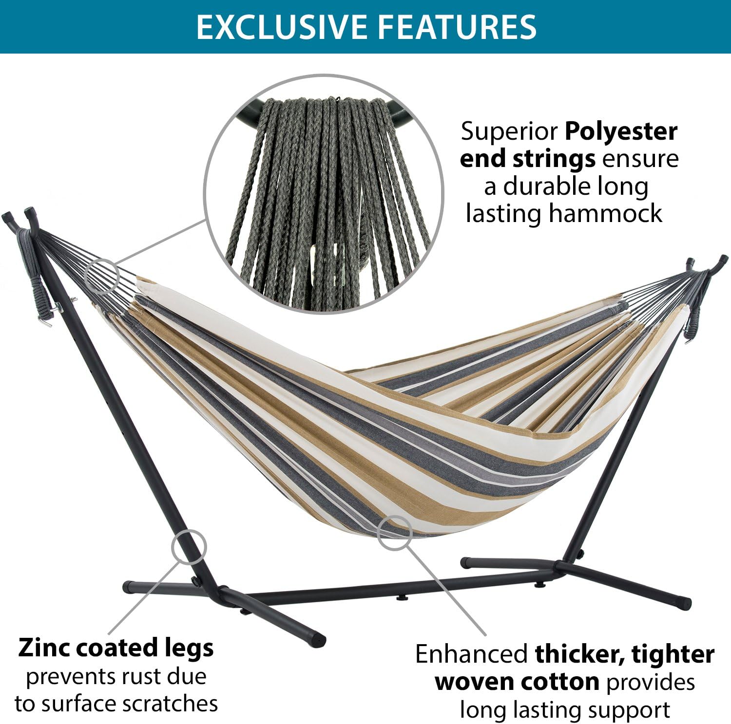 Double Cotton Hammock with Space Saving Steel Stand, Tropical (450 lb Capacity - Premium Carry Bag Included)