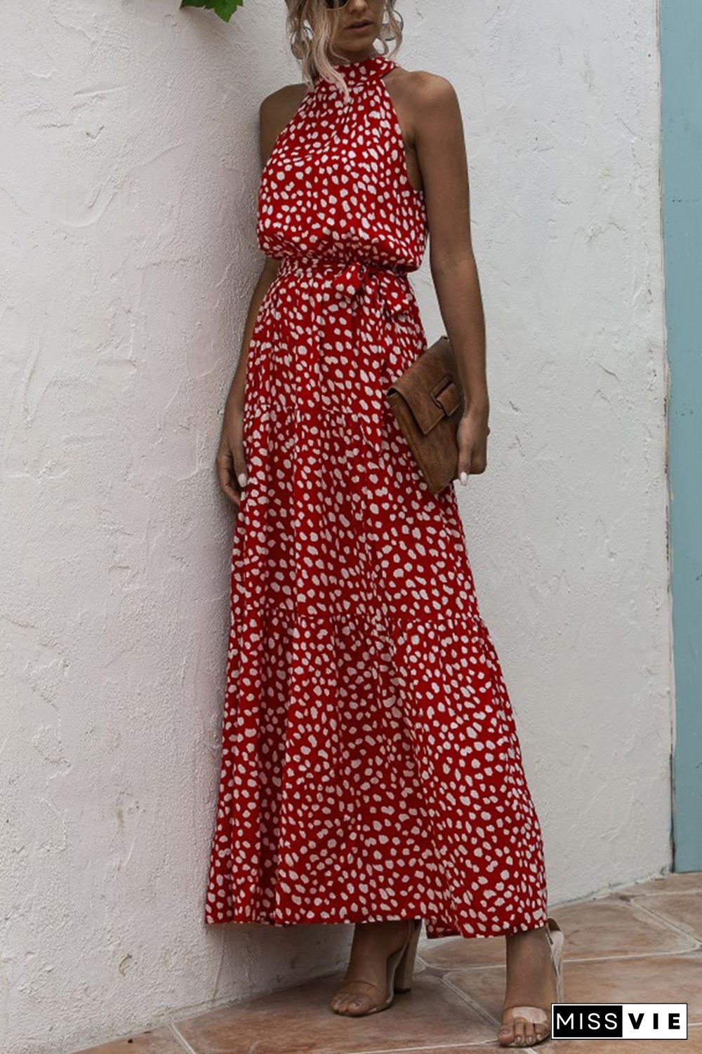 Halter Polka Dot Print Tie Waist Maxi Dress Wholesale