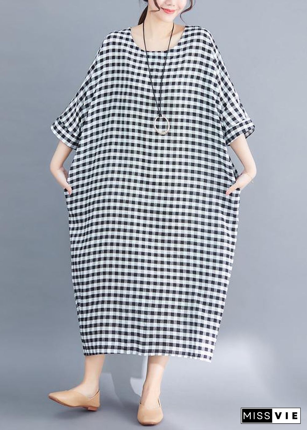 Women o neck linen cotton Robes Shirts gray white plaid Plus Size Clothing Dresses summer