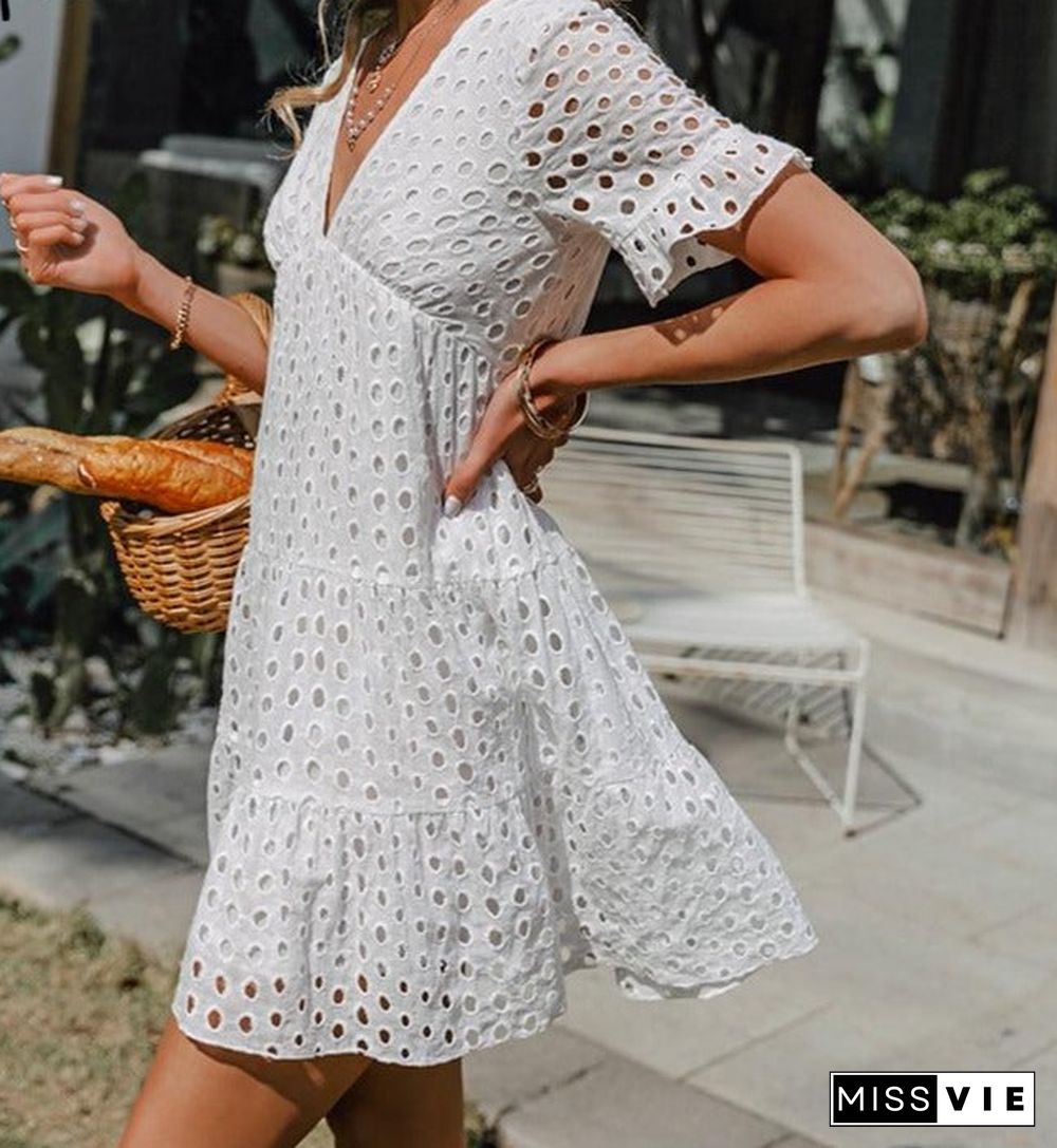 Sexy V-Neck Lace Stitching White Dress Summer New Short-Sleeve Solid Women Dress Casual Fashion Boho A-Line Dress