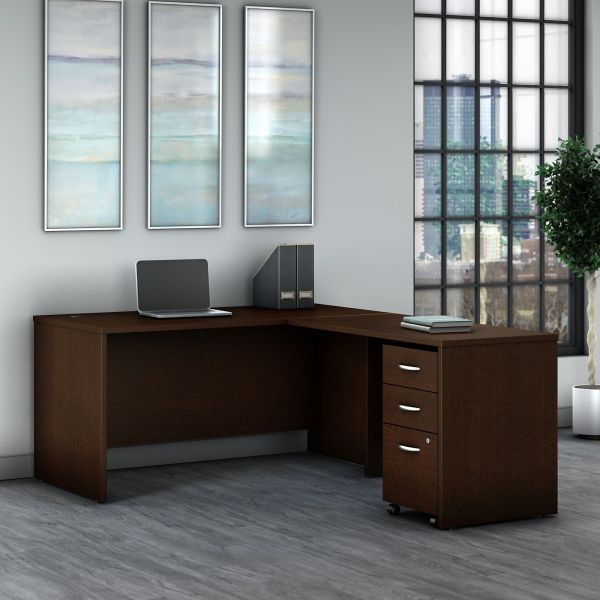 Bush Business Furniture Series C 60W L Shaped Desk with 3 Drawer Mobile File Cabinet in Mocha Cherry