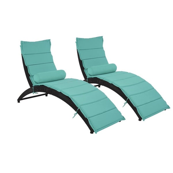 2-Pice Outdoor Patio Wicker Foldable Chaise Lounge with Cushion Pillow