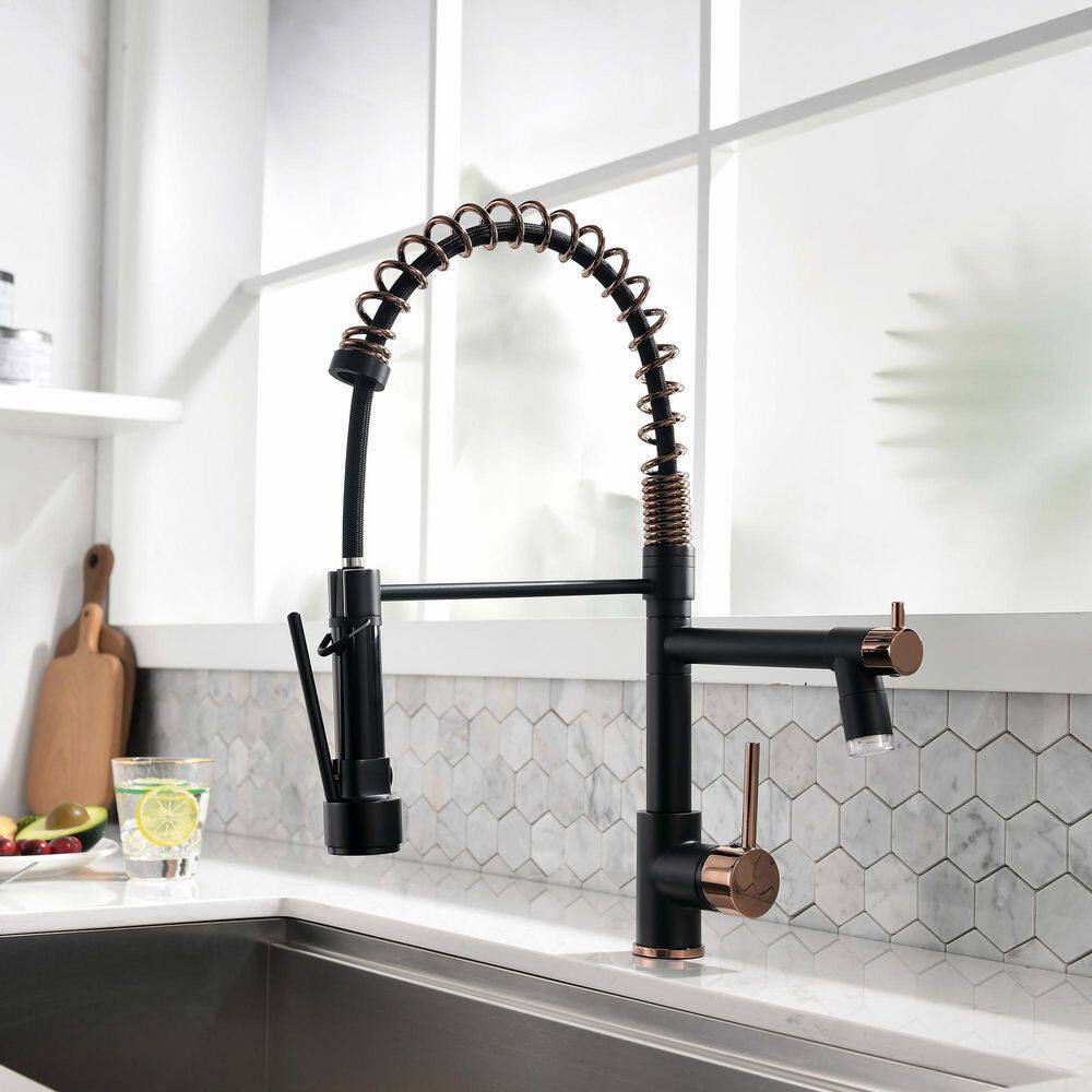 Boyel Living 1.8 GPM Single Handle Pull Down Sprayer Kitchen Faucet with LED Light and Pot Filler in Matte Black Mix Rose Gold BL-2BR91-LED