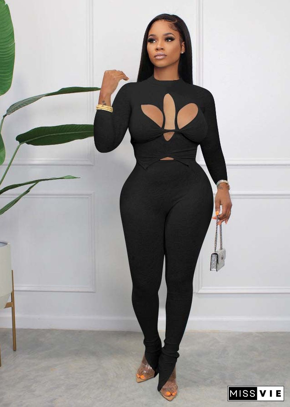 Chic Cut Out Long Sleeve Crop Top Skinny Pants Set