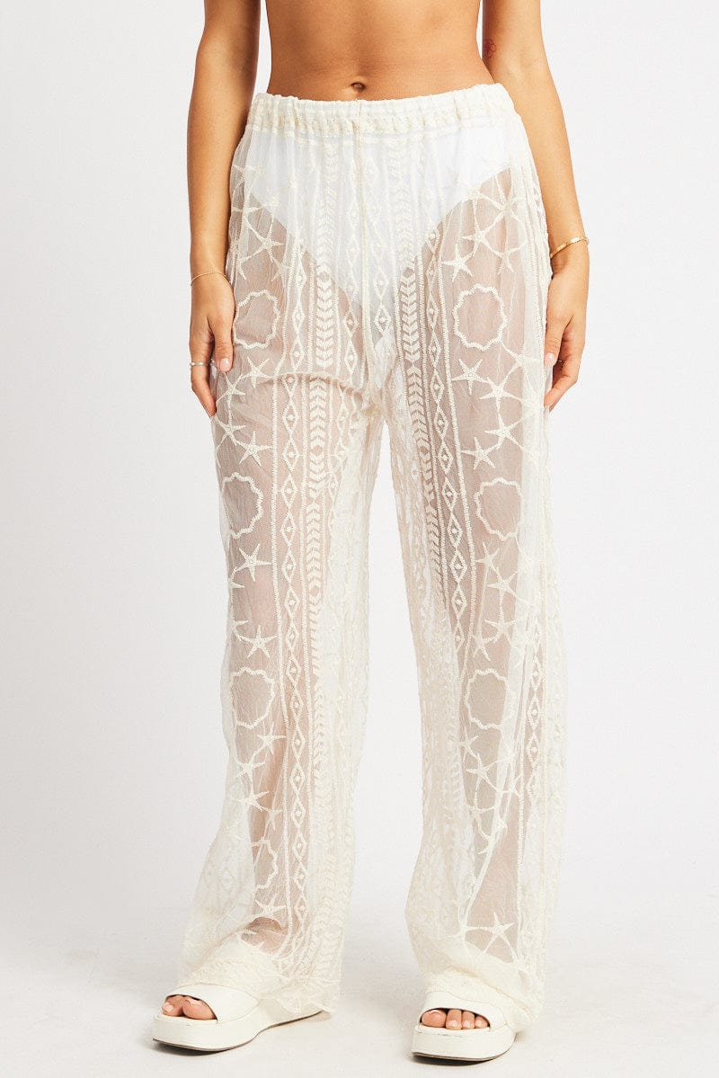 White Embroidery Beach Pants